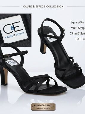 Cause & Effect Black Strappy Square Toe Stiletto Heels Sandals Size 8